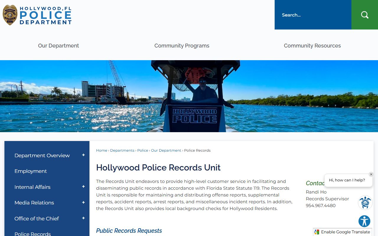 Hollywood Police Records Unit for Hollywood recent bookings