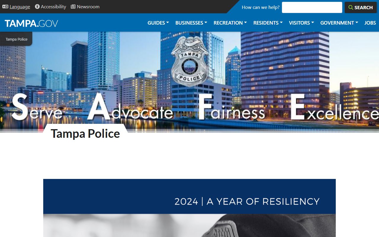Tampa Police Department website for Tampa recent bookings information