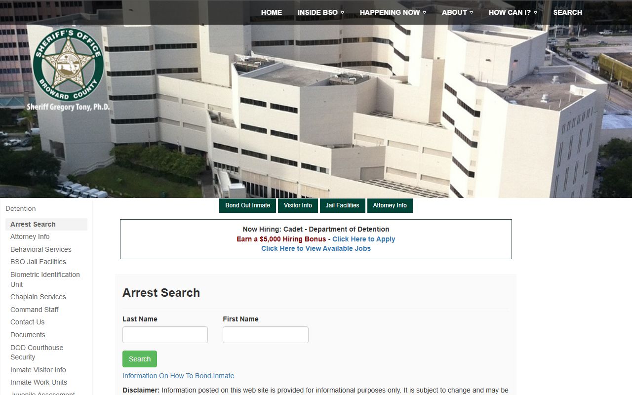 Broward County arrest information page for booking records