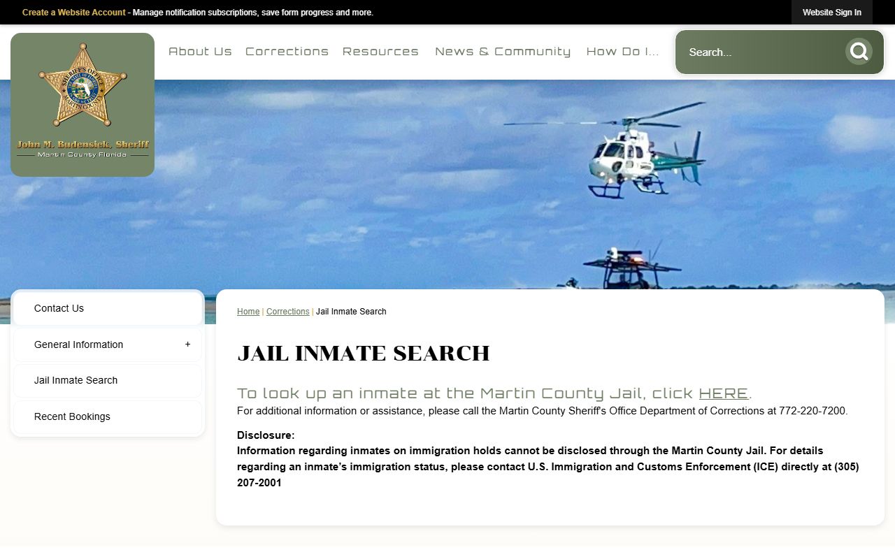 Martin County jail inmate search tool for looking up recent bookings