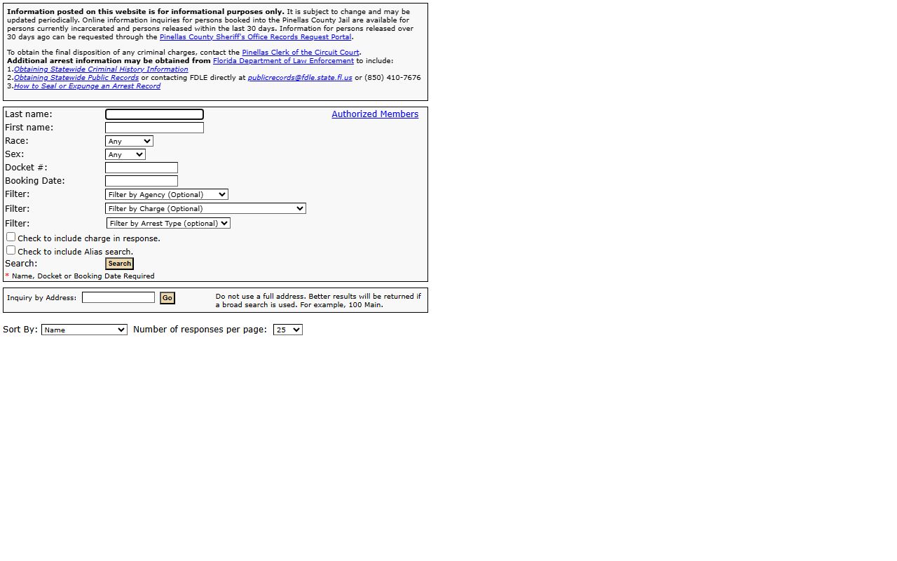 Pinellas County arrest inquiry tool for recent bookings