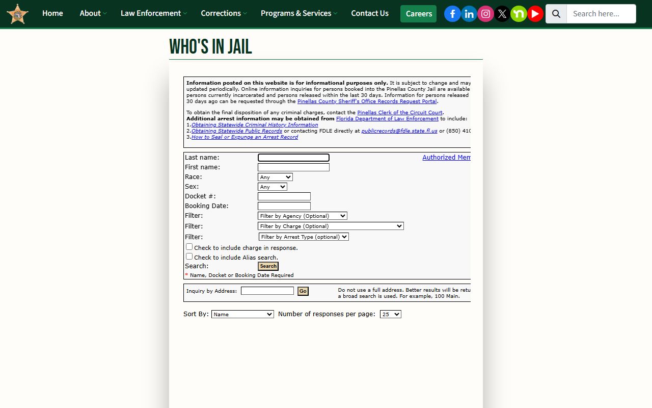 Pinellas County Who Is in Jail page for recent bookings