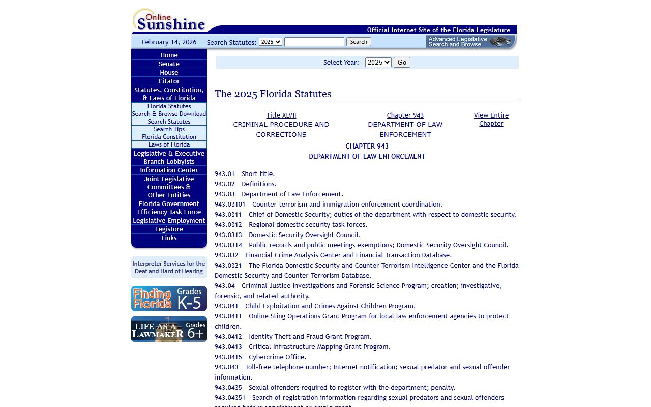 Chapter 943 criminal justice information systems for Florida booking records