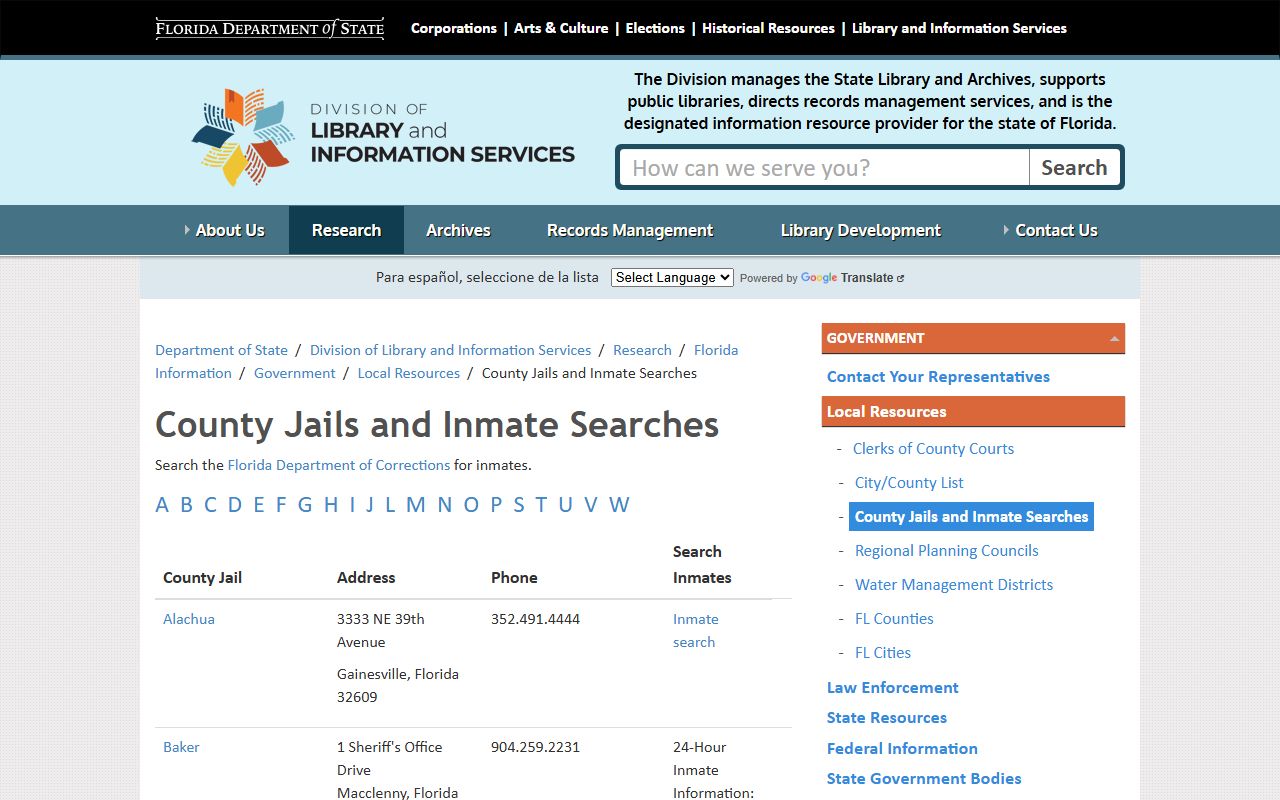 Florida Department of State county jails directory for recent bookings